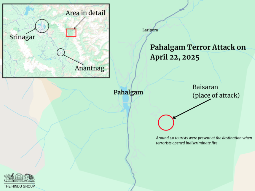 "Security forces investigating the site of the Pahalgam terror attack, where 26 civilians lost their lives, including two foreigners."